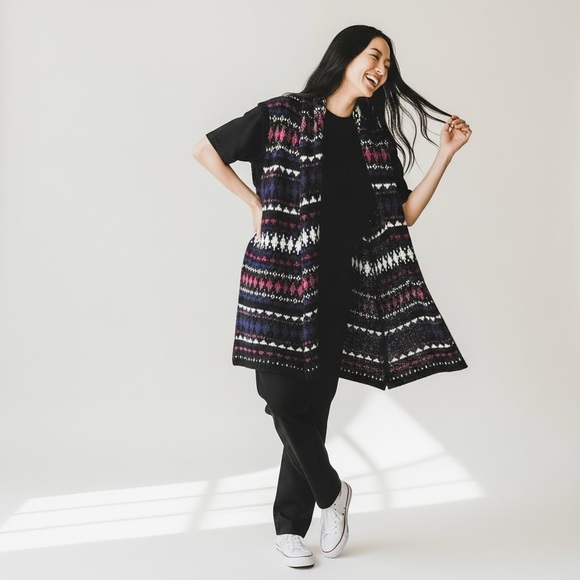 LOFT Sweaters - LOFT Fair Isle Knit Long Vest in Black with Purple & White